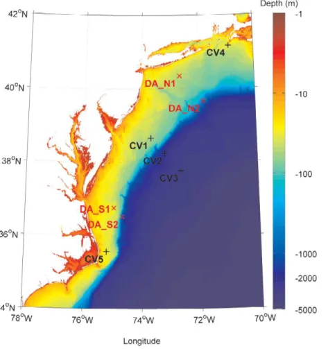 Fig. 1. Locations of the nine study sites in the Mid-Atlantic Bight. The red crosses represent the four data assimilation (DA) sites, and the black pluses the five cross validation (CV) sites.