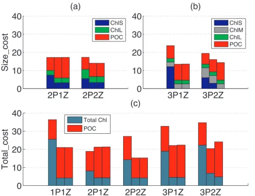 Fig. 5. Cost functions at the five CV sites: (a) Size_cost for the 2P models; (b) Size_cost for the 3P models and (c) Total_cost for all five models
