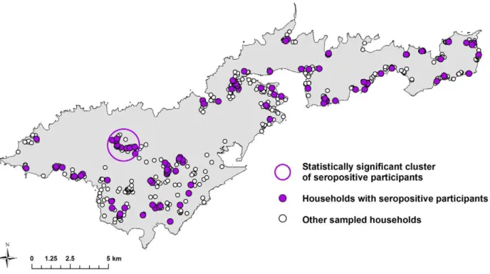 Figure 3. Statistically significant clusters of participants seropositive and seronegative for leptospirosis (specific serovars).