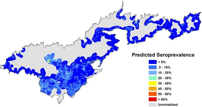 Figure 6. Predicted leptospirosis seroprevalence based on environmental variables and individual-level variables associated with the lowest risk