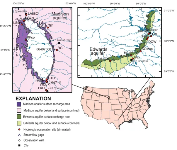 Fig. 2. Study areas showing the Madison and Edwards aquifers.