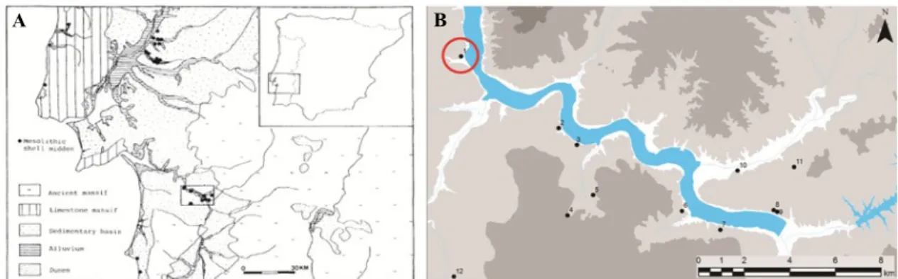 Fig. 1. Localização de Arapouco: A) na Península Ibérica (A RNAUD  1989), B) nos concheiros do vale do Sado (adaptado de D INIZ