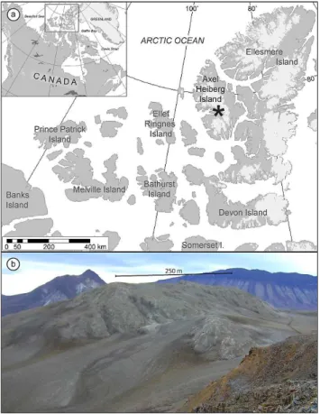 Fig. 1. (a) Study area map showing the location of Gypsum Hill diapir near the head of Expedition Fiord on western Axel Heiberg Island