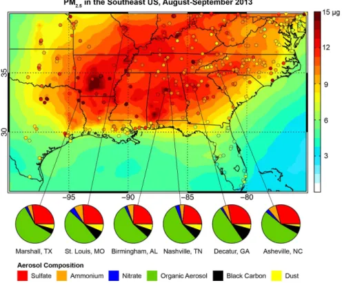 Figure 3. Mean PM 2.5 in the Southeast US in August–September 2013. EPA observations (cir- (cir-cles) are compared to GEOS-Chem model values (background)