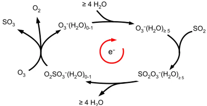 Fig. 1. Schematic of a simple catalytic SO 2 oxidation cycle. The net reaction is O 3 + SO 2 → O 2 + SO 3 , and the catalyst is the electron.