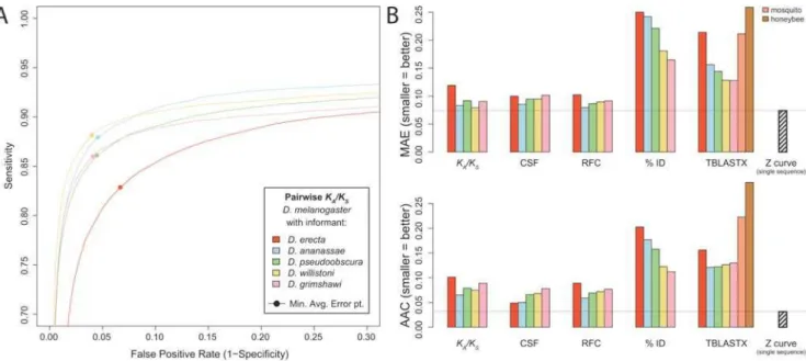 Figure 4. Pairwise discovery power using different informant species. (A) ROC curves for K A /K S using D