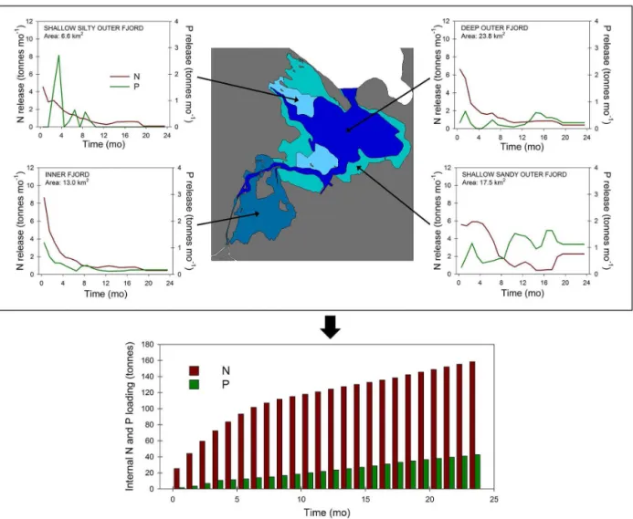 Figure 6. Estimated internal nutrient loading in Odense Fjord. The upper figure shows a schematic overview of Odense Fjord with the distribution of sediment types included in this study and their nutrient release over a 24-month period
