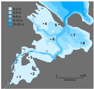 Figure 1. Map of Odense Fjord (55 ◦ 29 ′ 15 ′′ N, 10 ◦ 31 ′ 09 ′′ E) show- show-ing the eight stations, where sediments were sampled for the  long-term degradation experiment
