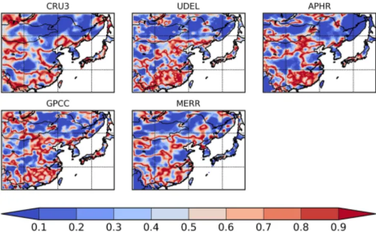 Figure 3. The p values in calculating the linear trend of the annual- annual-mean precipitation from each data set.
