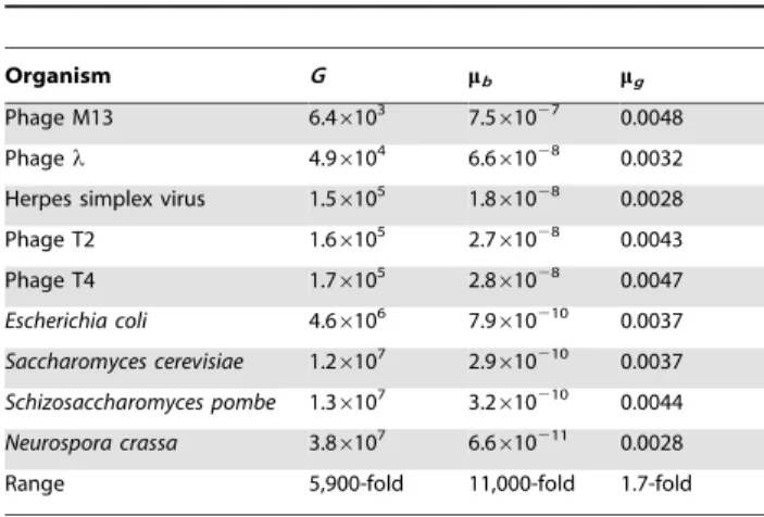 Table 2 lists genomic mutation rates estimated using the CT method (or its lacZa equivalent), sometimes based on the sameAuthor Summary
