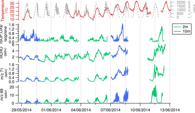 Figure 3. Time series of m/z 69 (isoprene), m/z 71 (ISOP.OXs = MVK + MACR + ISOPOOH), HCHO and ISOP.OXs/isoprene during the field campaign at OHP