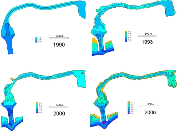 Figura 4.2.2 - Mapas baseados em levantamentos batimétricos do canal de navegação da Ria de  Alvor, nos anos 1990, 1993, 2000 e 2006