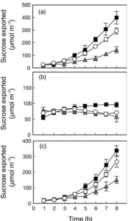 Figure 5. Sucrose efflux from (a) excised non-hardened (NH)  23  ° C-grown control leaves, (b) leaves shifted to 5  ° C for 10 d and  (c) leaves that developed at 5  ° C from wild-type (WT) and the two  transgenic lines