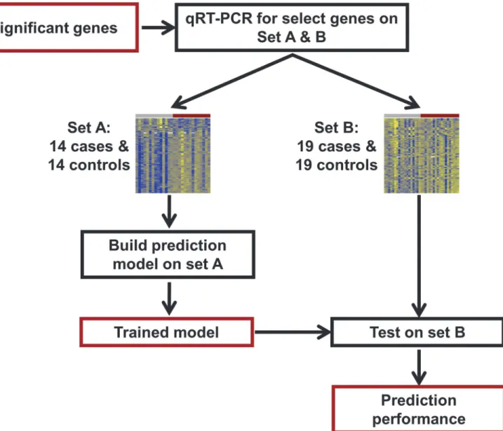 Fig 2. qRT-PCR study flow diagram. Differentially expressed genes identified from the microarray study were profiled using qRT-PCR for validation and construction of a multi-gene disease classifier using an extended set of 33 cases and 33 controls
