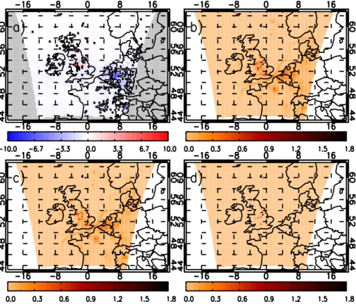 Figure 6. AQUM Run C (AKs applied)–OMI tropospheric NO 2 column ( × 10 15 molecules cm − 2 ) JJA 2006 mean bias