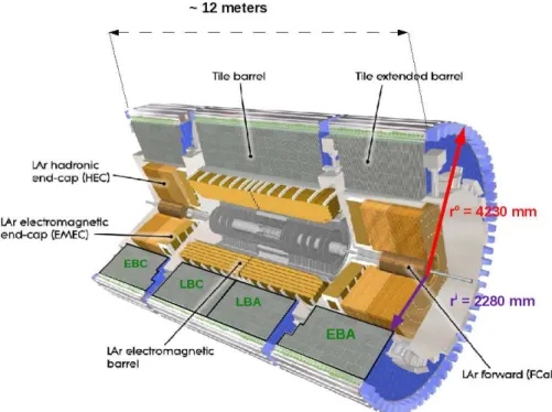 Figure 2.1: The Tile Calorimeter partitions: EBA, LBA, LBC and EBC geometry, readout principle and signal reconstruction are briefly described.