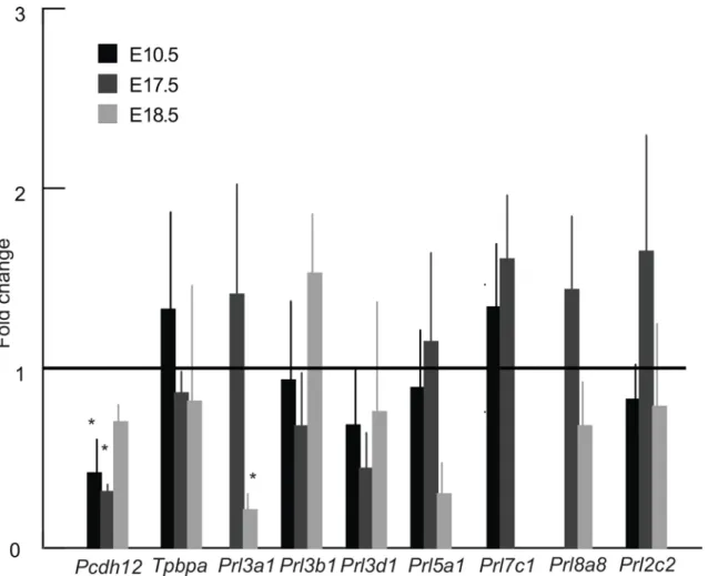 Fig 6. Expression of seven prolactin family genes, Pcdh12 and Tpbpa in control and low protein placentas at E10.5, E17.5 and E18.5