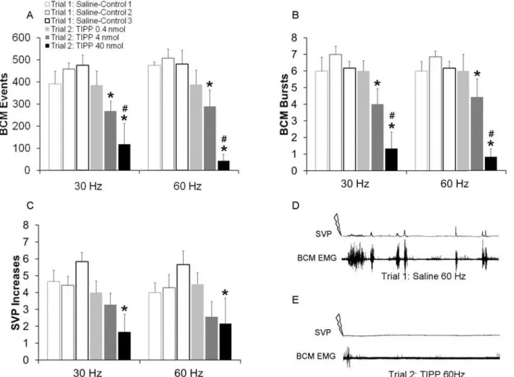 Fig 3. Quantitative analyses of BCM events (A) bursts (B) and SVP increases (C) in response to 30 and 60 Hz DPN stimulation following infusions of saline in trial 1 (Saline-Controls 1 – 3; white bars) or one of three doses of TIPP (0.4, 4 or 40 nmol) in tr