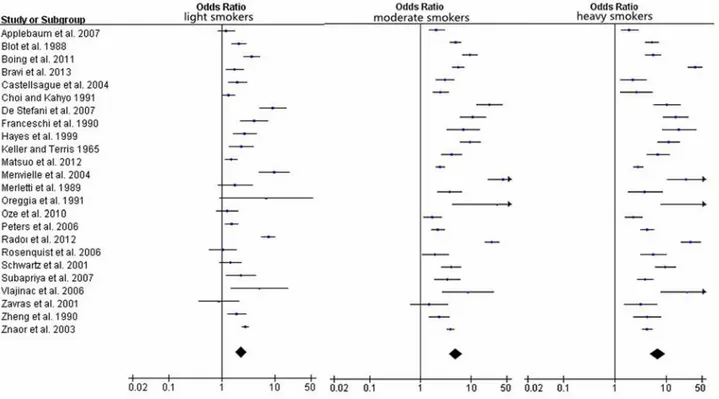 Fig 4. Forest plots for pooled Odds ratios (ORs) and the corresponding 95% confidence intervals (CIs) of HNC cancer risks for light, moderate and heavy smokers.