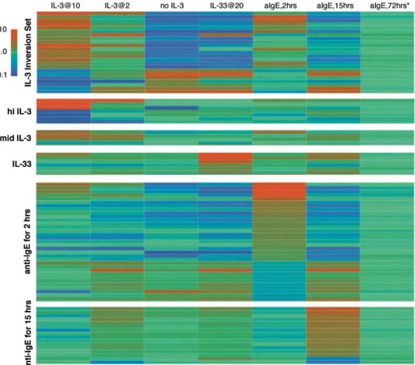 Fig 3. Heatmaps of selected genes to be considered as signatures for stimulation by IL-3, IL-33 and anti-IgE Ab