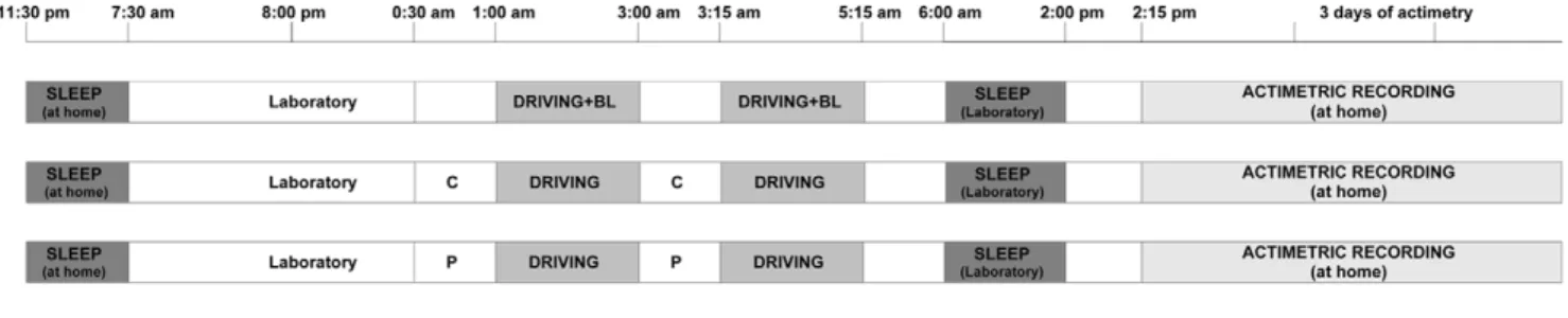 Figure 2. Protocol Design: sleep-driving period for the three substance conditions (placebo, coffee and blue light).