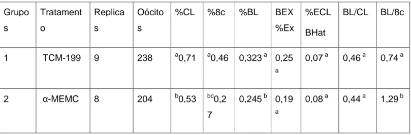 Tabela  3  Porcentagem  de  fertilização  e  desenvolvimento  embrionário  após  maturação de oócitos em meios de maturação TCM-199 e α-MEMC 
