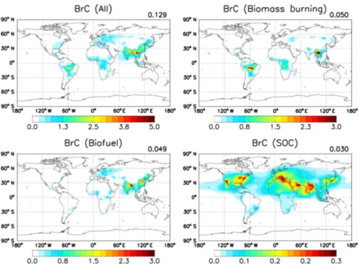 Figure 6. Annual surface map of total BrC (top left) and BrC from three source categories: biomass burning (top right), biofuel (bottom left), and SOC (bottom right)
