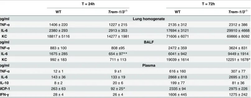 Table 2. Cytokine responses in lung homogenates, BALF and plasma of WT and Trem-1/3 -/- mice during experimental melioidosis.