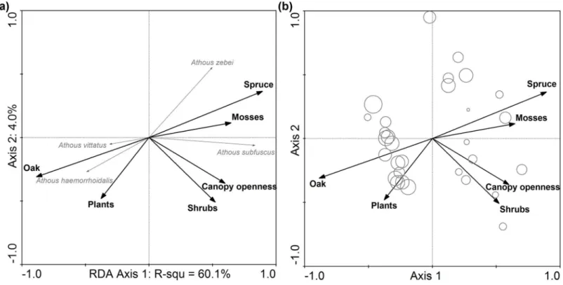 Figure 5 (A) Species-environmental biplot at 20 meters radius as derived from redundancy analyses (RDA) on species composition of soil-dwelling click beetles showing the response of species to environmental variables of the forest patch in the lowland plan