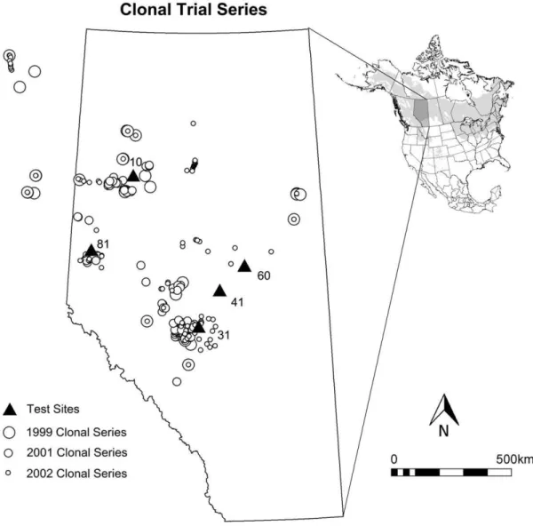 Figure 1. Sample sites for clone collections and test site locations of the clonal trial series