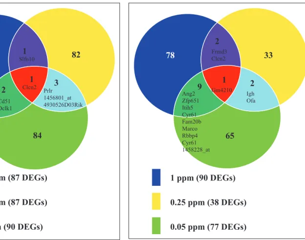 Figure 3. Venn analysis showing the common and unique number of significant differentially expressed genes (DEGs; with a 1.5-fold cutoff ) among the bottom 3 doses (1, 0.25, and 0.05 ppm)