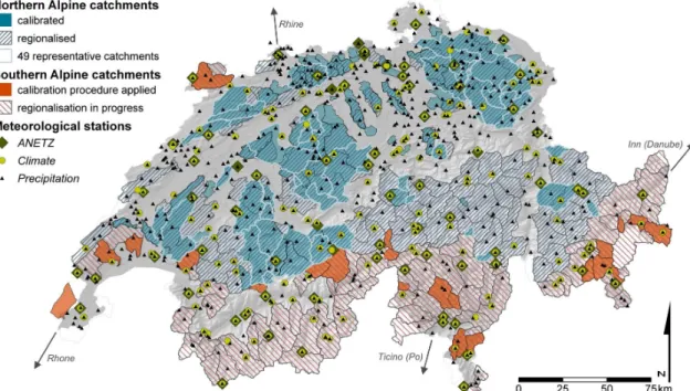 Fig. 1. Mesoscale catchments for calibration and regionalisation and meteorological network of Switzerland