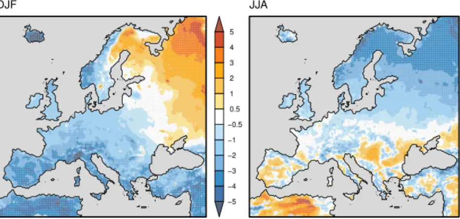 Figure 2. Spatial BIAS of near-surface air temperature (K) over the sample I K14 for DJF (left) and JJA (right) for RMIB-UGent-11