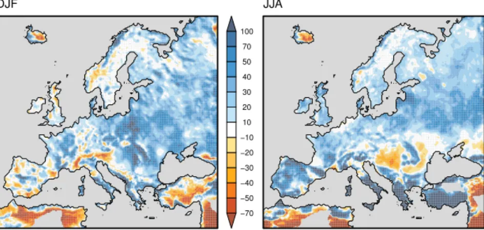 Figure 4. Spatial BIAS of precipitation (%) over the sample I K14 for DJF (left) and JJA (right) for RMIB-UGent-11