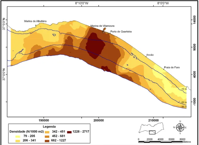 Figura  3.6  –  Superfície de previsão para a densidade (N/1000 m 2 ) segundo o modelo  geoestatístico obtido