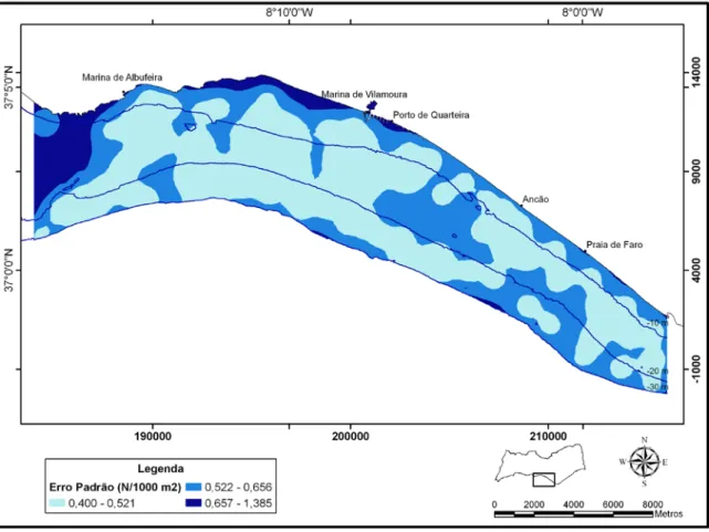 Figura  3.7  -  Superfície de previsão do erro padrão para a densidade (N/1000 m 2 ) segundo o  modelo geoestatístico obtido