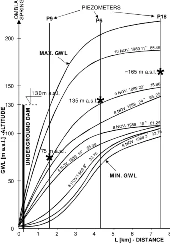 Fig. 6. The cross-section A-A given on the Fig. 4 with designated positions of the Ombla Spring, the HEPP Ombla underground dam (in project), the location of three deep piezometers (P9, P6, P18), the state boundary between Croatia and Bosnia and Herzegovin