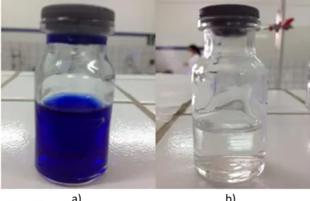 Figura 6: Solução de CuSO 4  – a) Antes do tratamento: o resíduo apresentava cor azul em virtude dos íons cobre  (Cu 2+ ), quanto mais intensa estiver a cor, mais concentrada; b) Após o tratamento: não pode ser percebida a olho 