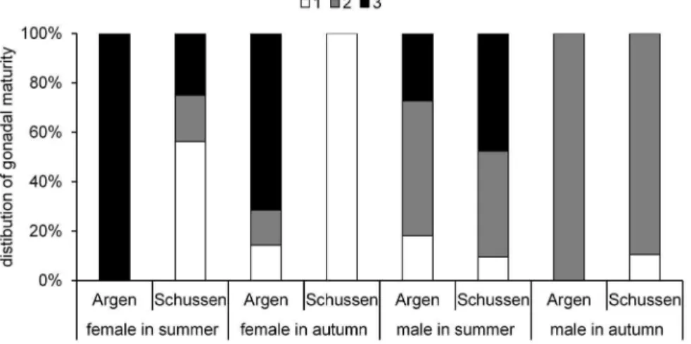 Figure 9. Maturity of spirlin. Distribution of gonadal maturity (stage 1 = immature; stage 2 = intermediate and, stage 3 = mature) of feral spirlin.