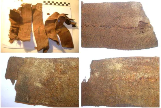 Fig. 2. The textile objects after excavation (before conservation - the pieces contain   many marks of damage including calcified sand and mud soiling and stuck by the pieces) 