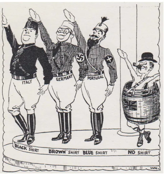Figura 3 – Uma das raras caricaturas referindo o Nacional-Sindicalismo português, publicada  no Reino Unido, pelo The Bulletin de Glasgow, em 1933