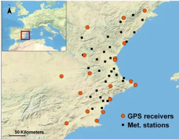 Fig. 2. Rainfall (mm) recorded between 00:00 and 06:00 UTC on 8 July 2009. Black boxes indicate the location of meteorological stations.