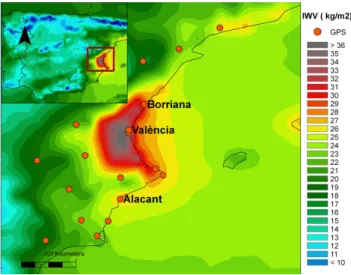 Fig. 7. Estimation of integrated water vapour (kg m −2 ) on 8 July at 00:45 UTC.