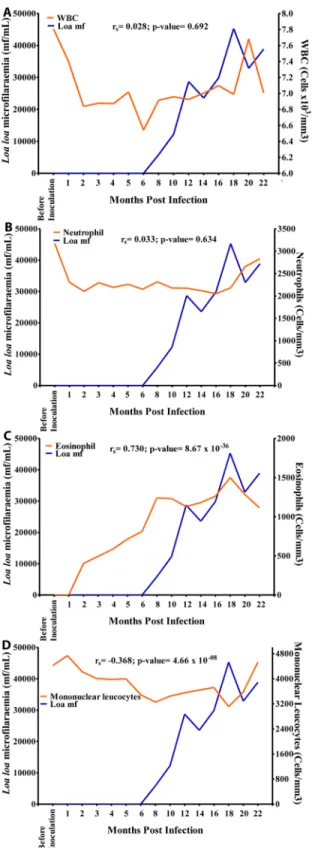 Fig 10. Relationship between microfilariaemia and white blood cell (WBC) counts during the period of infection