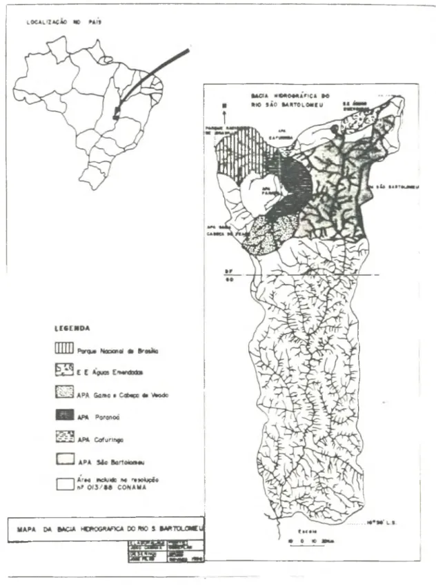 FIGURA  2  Localização  da  APA  no  Brasil  e  na  Bacia  do  Rio  São  Bartolomeu  São  mostradas  ainda  as  demais  Unidades  de  Conservação existentes nesta bacia.