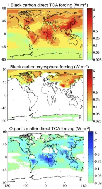 Fig. 3. Forcing by black carbon in atmosphere and on snow, and by organic matter, simulated with the Community Atmosphere Model.