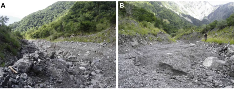 Fig. 2. Views looking downstream and upstream from XS 19 (Fig. 1) in the Manival study reach showing (A) debris-flow levees and coarse lags and (B) gravel wedges filling the U-shape debris-flow channel.