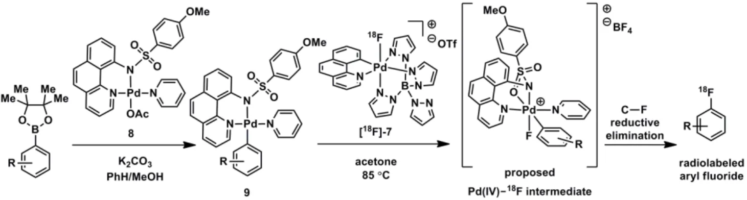 Figure 4. General palladium-mediated synthesis of radiolabeled aryl fluorides. C–F bond formation is proposed to occur by oxidation of 9 with [ 18 F]-7 leading to a proposed Pd(IV)– 18 F intermediate followed by C–F reductive elimination.