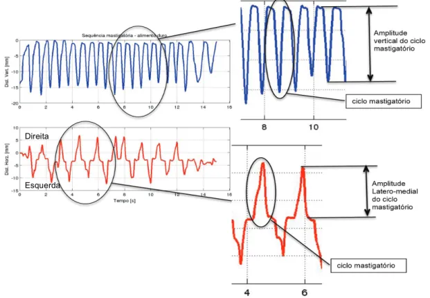 Figura 5 - Sequência mastigatória em segundos - na vertical ( traços azul) e latero medial  e horizontal direita e esquerda (traços vermelhos)