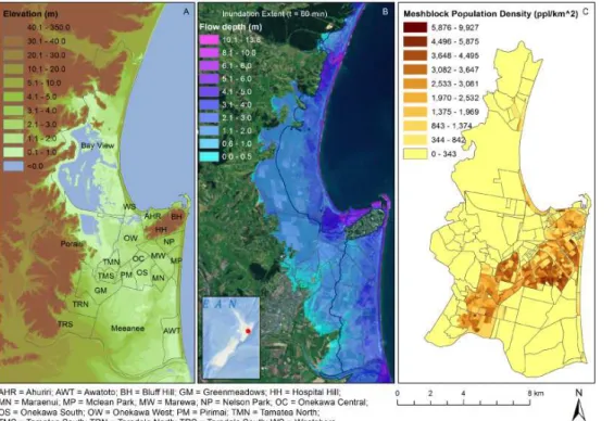 Figure 1. (A) Study area topography and locations of suburbs in Napier Territorial Authority.